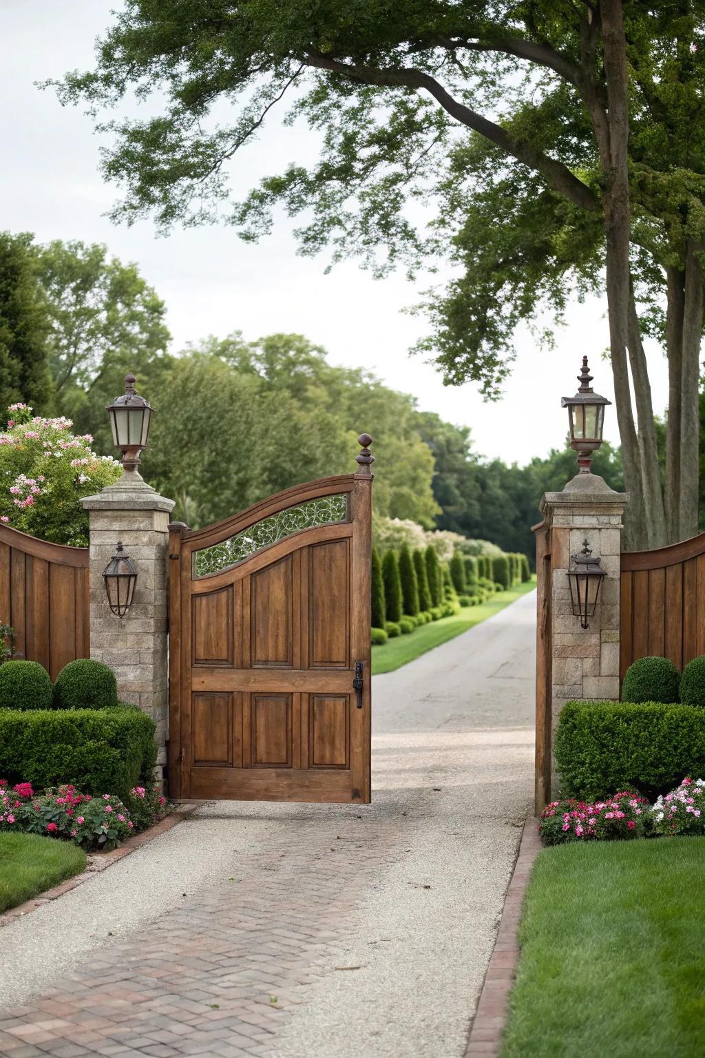 Double wood gates create a grand and functional entrance.
