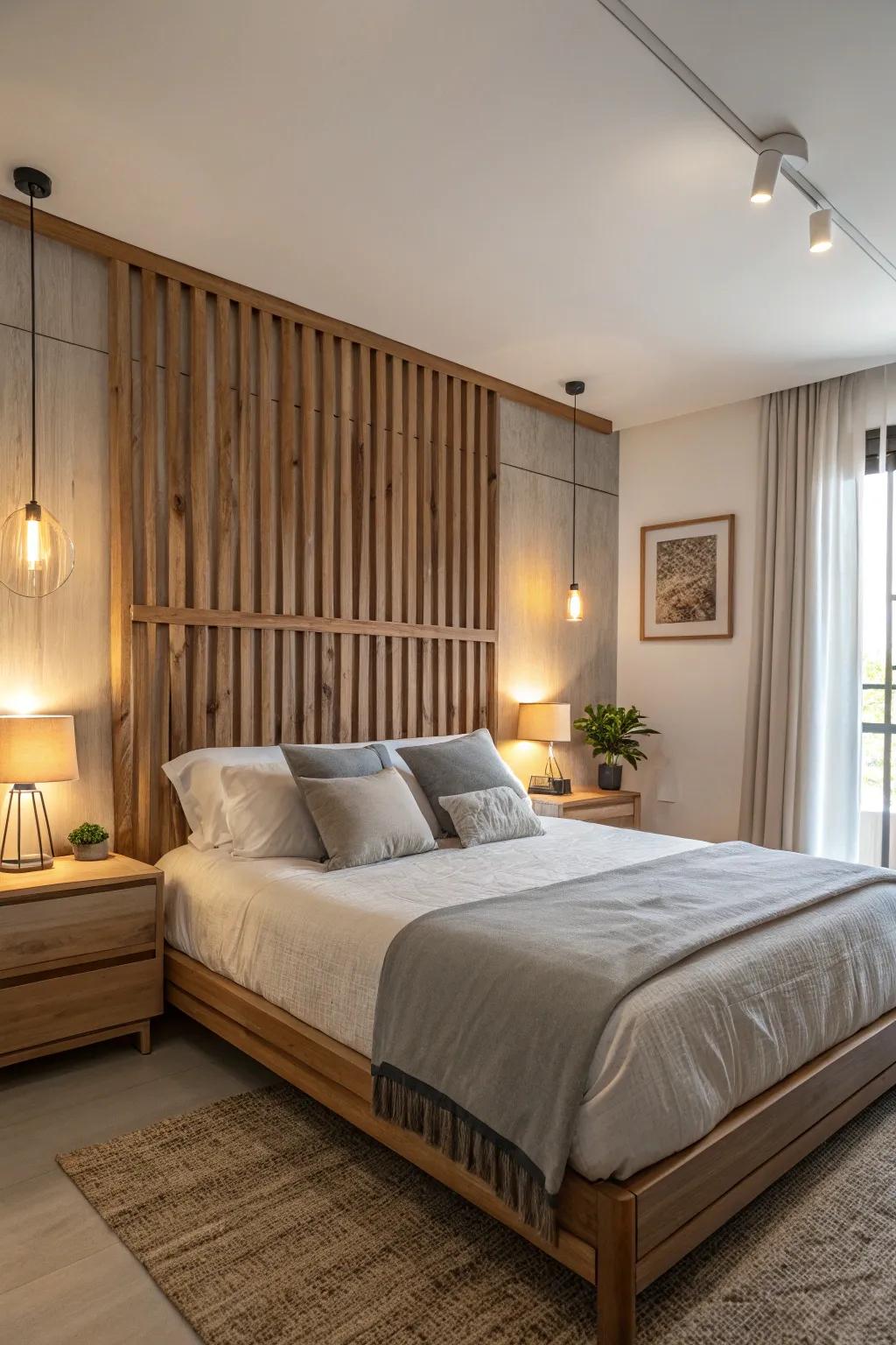 Construct a snug sanctuary through a timber strip headboard.