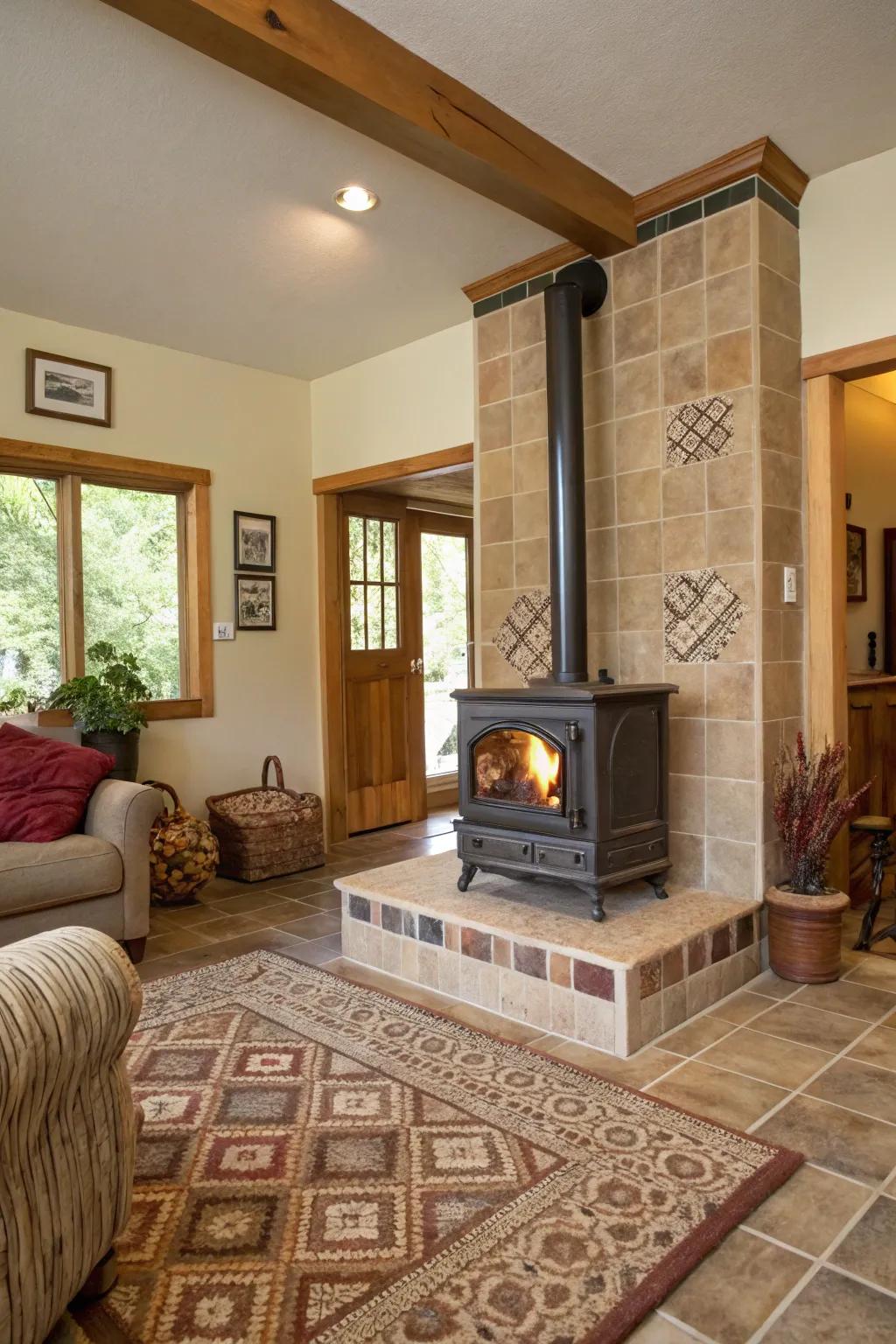 Earthy tiles add a peaceful, nature-inspired vibe to your wood stove area.