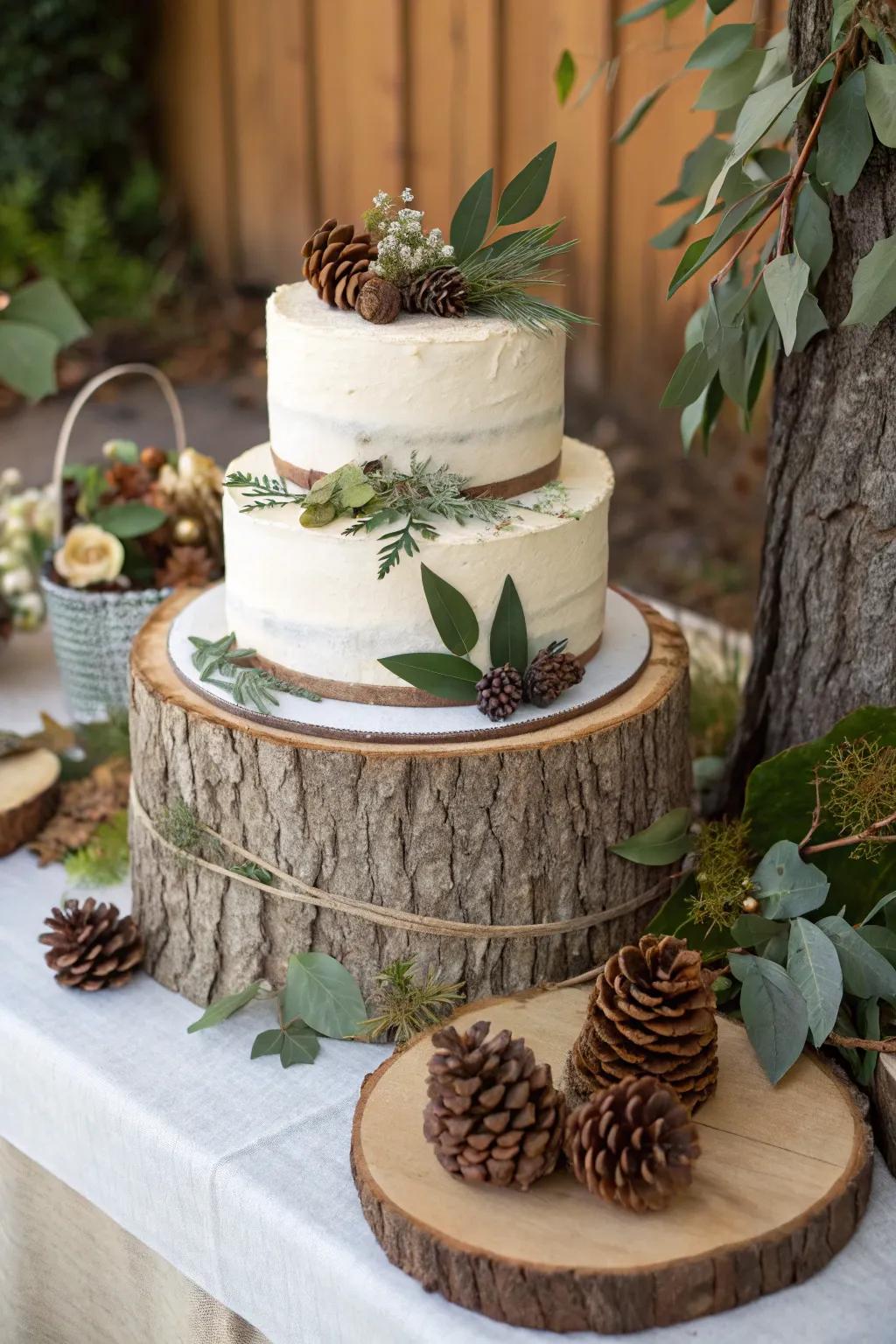 Enhance your dessert table with an unrefined cake arrangement.