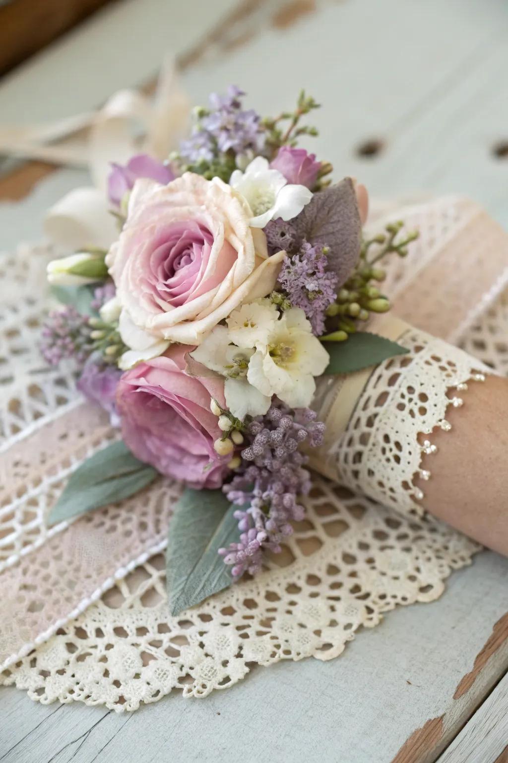 Vintage netting wrist adornment featuring pastel flowers.