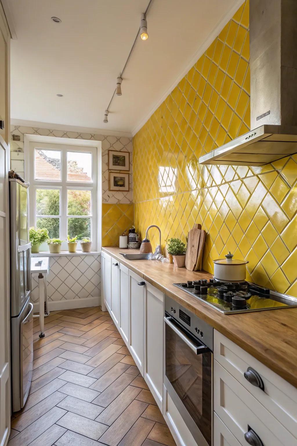 Angled yellow rectangular tiles contribute a contemporary curve to tradition.