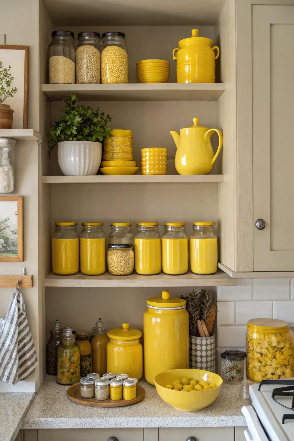 Yellow highlights on open display racks establish captivating focal elements.