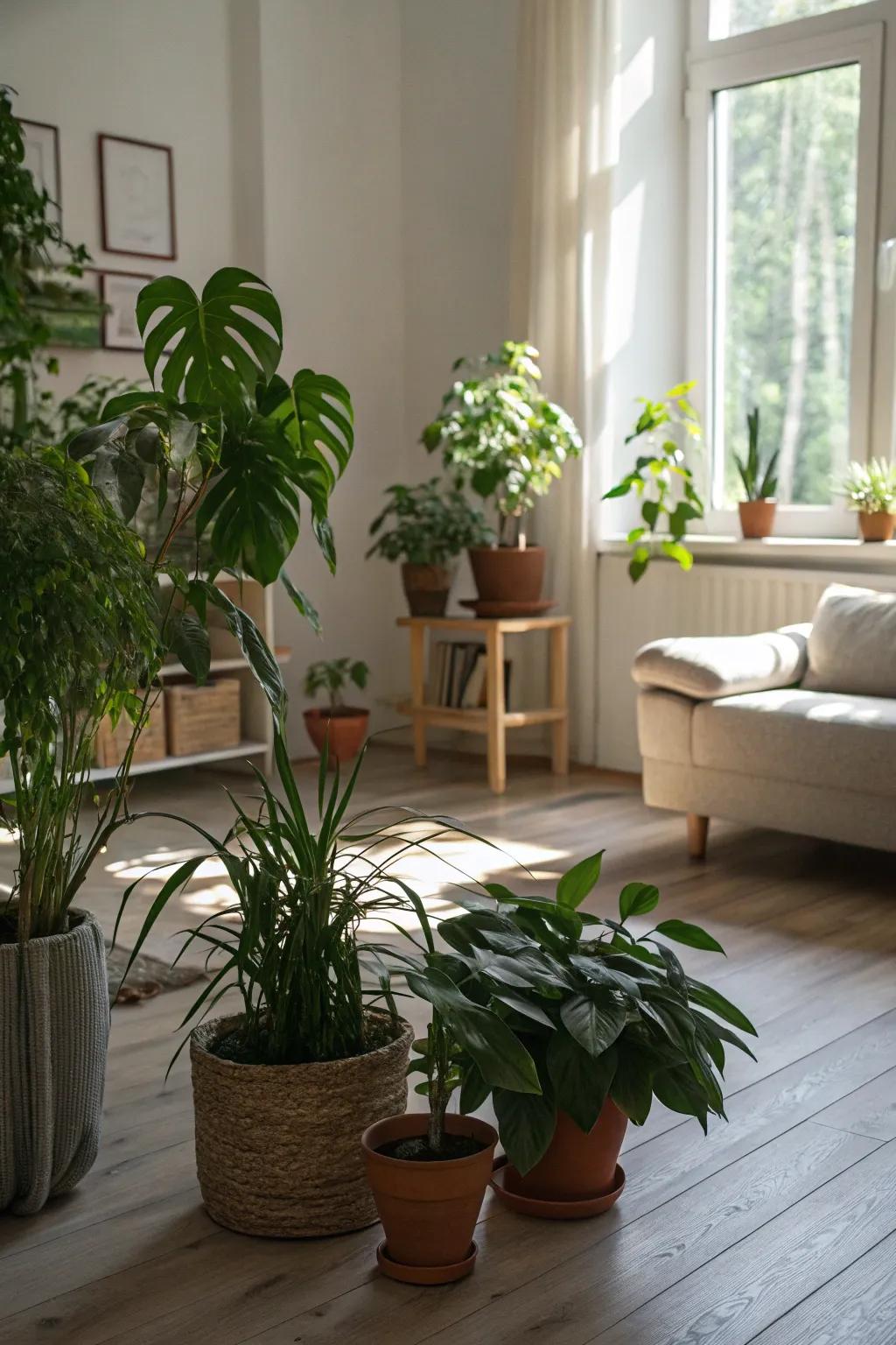 Verdant vegetation adds life and purifies the air in a zen space.