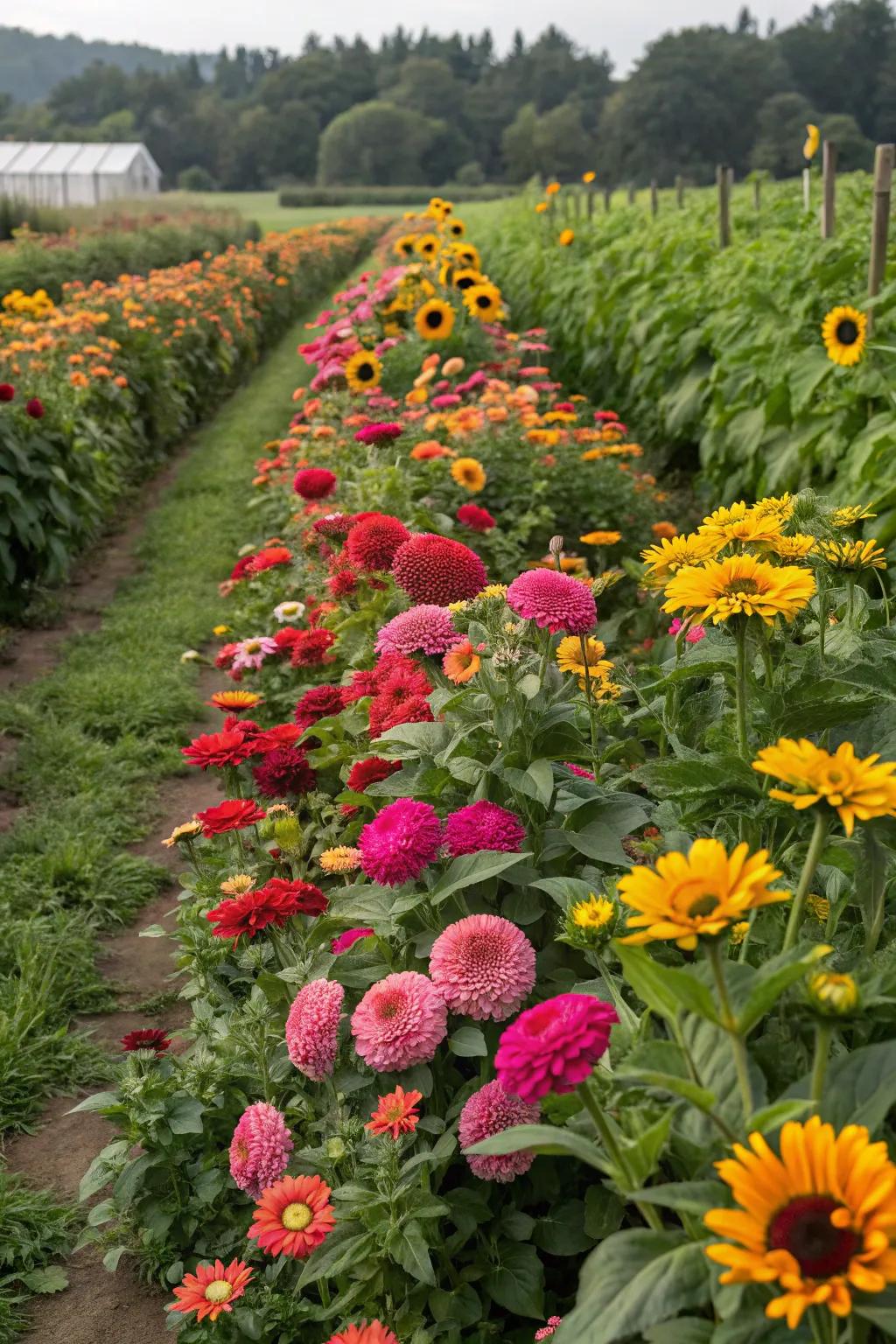 Neat rows of blossifys, sun blooms, and splendor dahlias in a harvest garden.