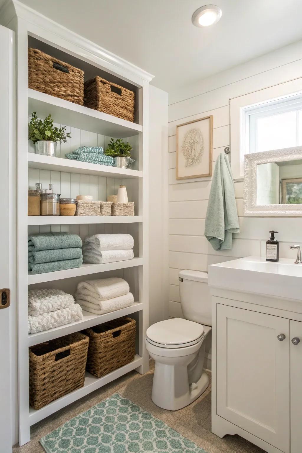Artful storage solutions maintain the tidiness of this powder room.