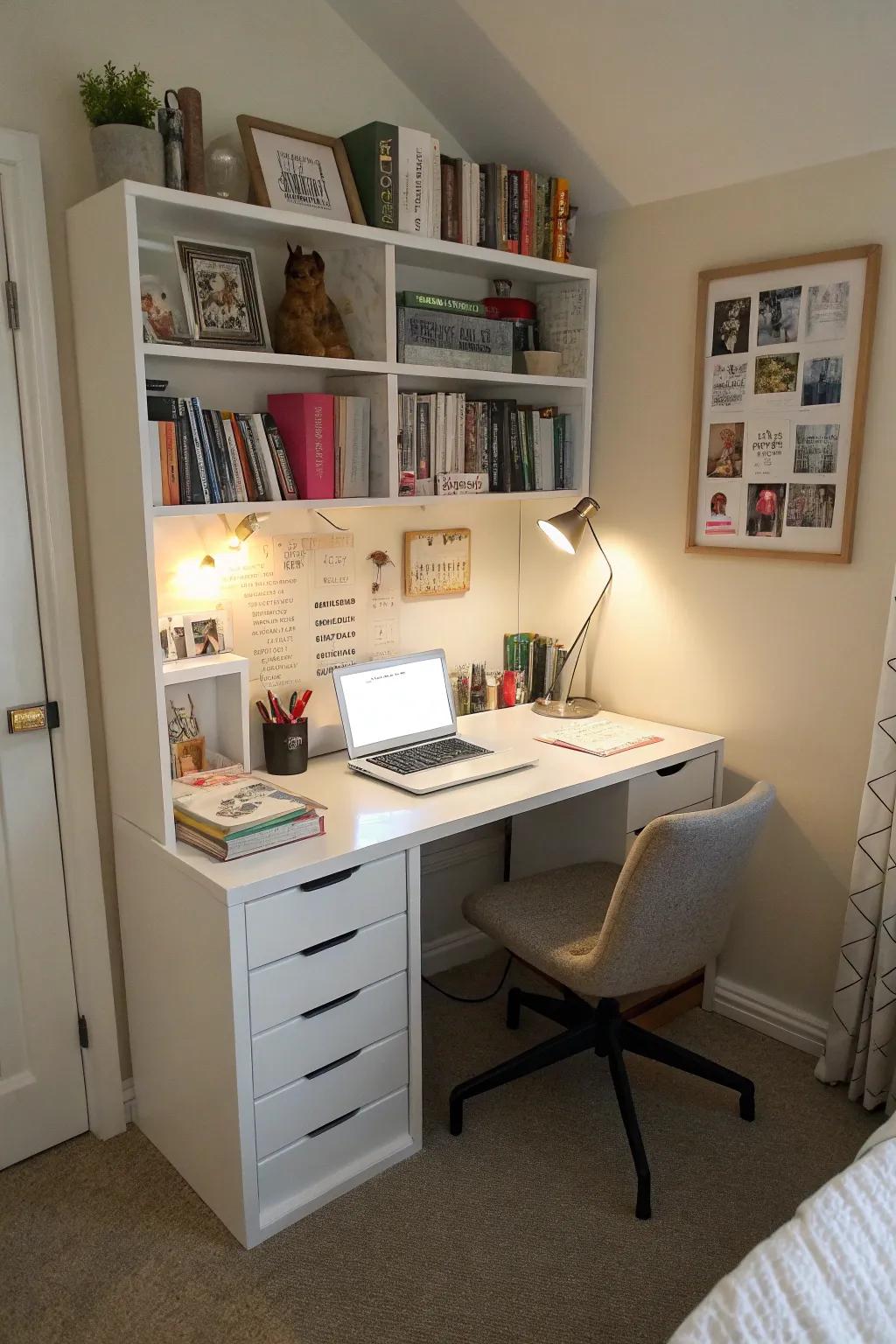 Productivity is possible in small spaces with a corner workplace.