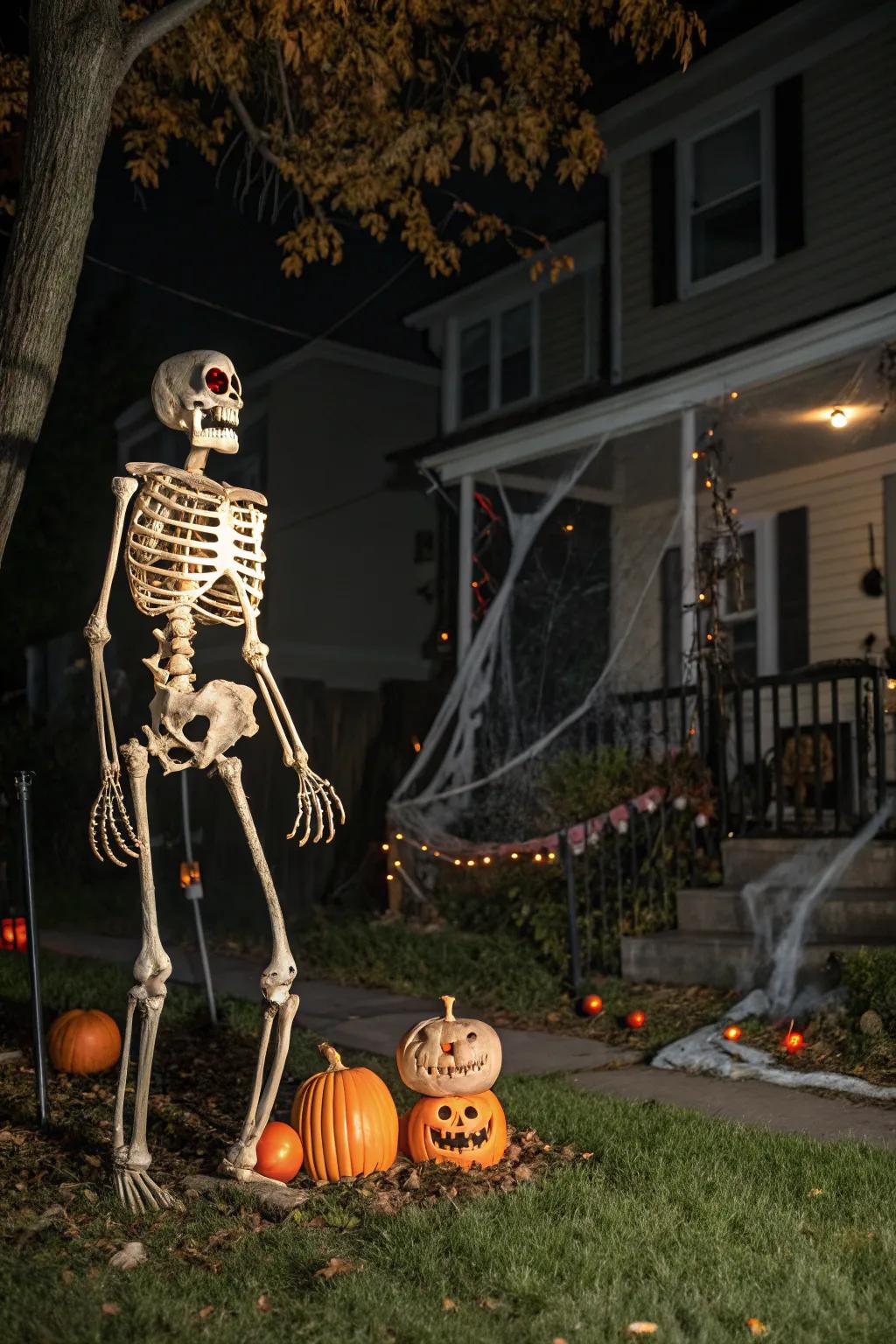 Sparkling eyes give the skeleton a haunting appearance.