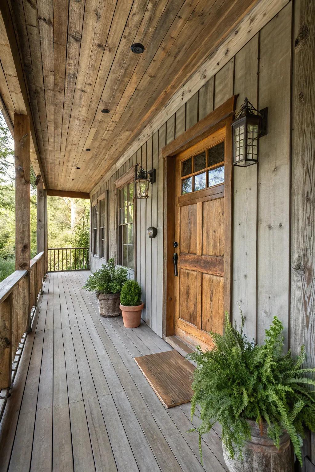Comforting wood paneling creating a rustic porch vibe.