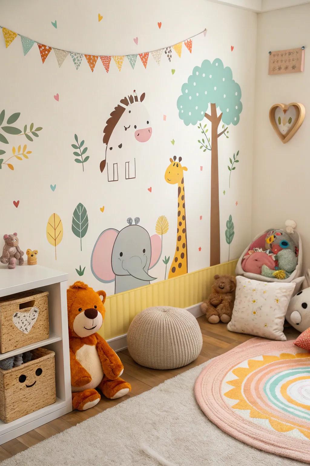A charming bedroom with playful animal decor elements.
