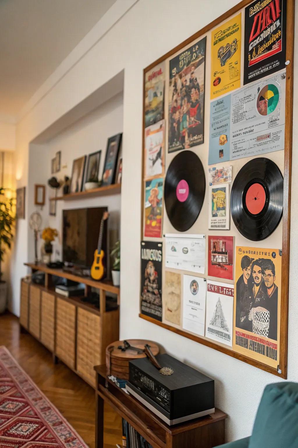 A music-themed bulletin board showcasing 80s sheet music and record sleeves.