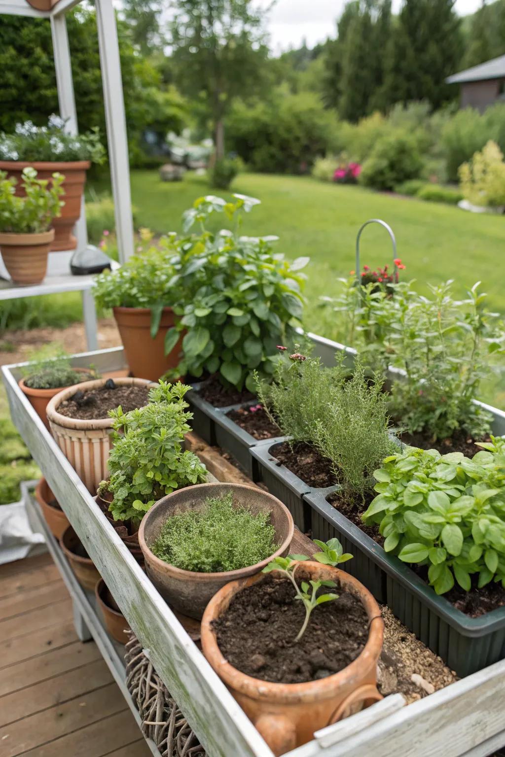 At a garden party booth, visitors have fun planting herbs.