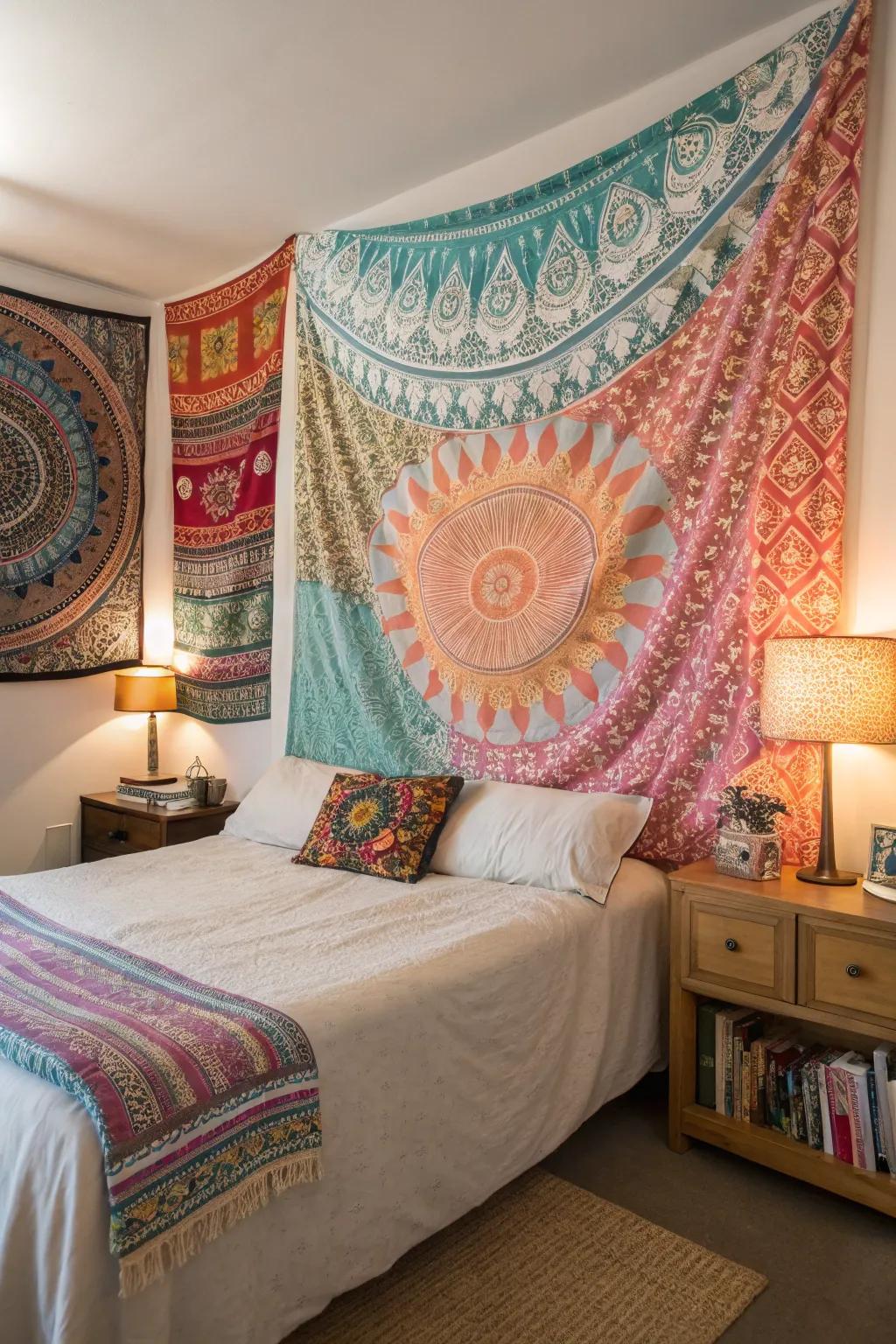 Tiered woven hangings provide color and warmth above the bed.