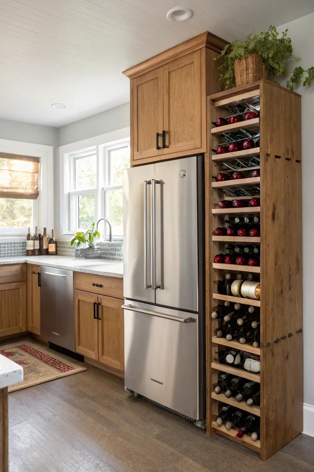A wine rack above the fridge adds elegance and functionality.