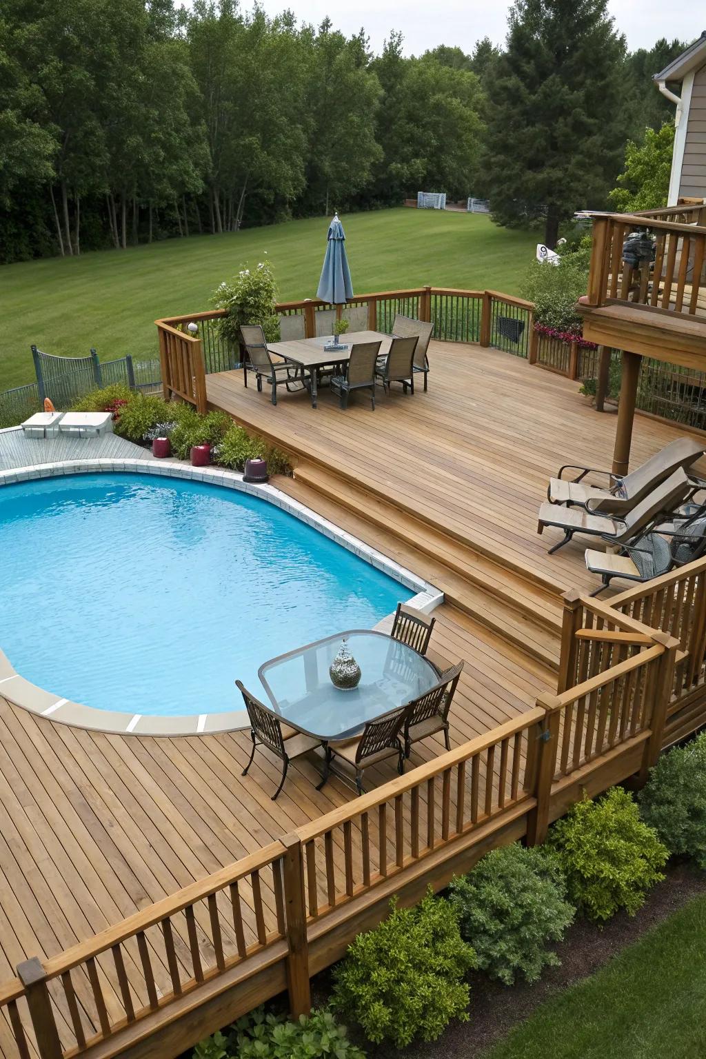 Tiered layouts contribute depth and style to your pool deck.