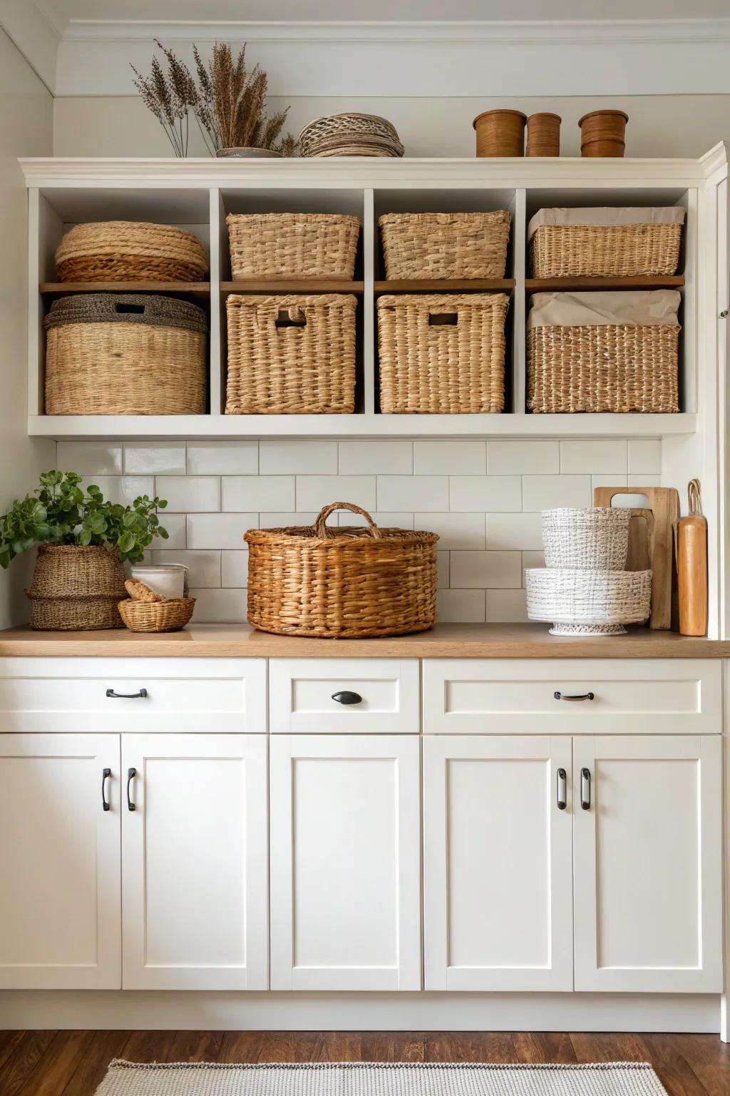 Stylish containers provide disguised storage space and incorporate grain to your ornamentation.
