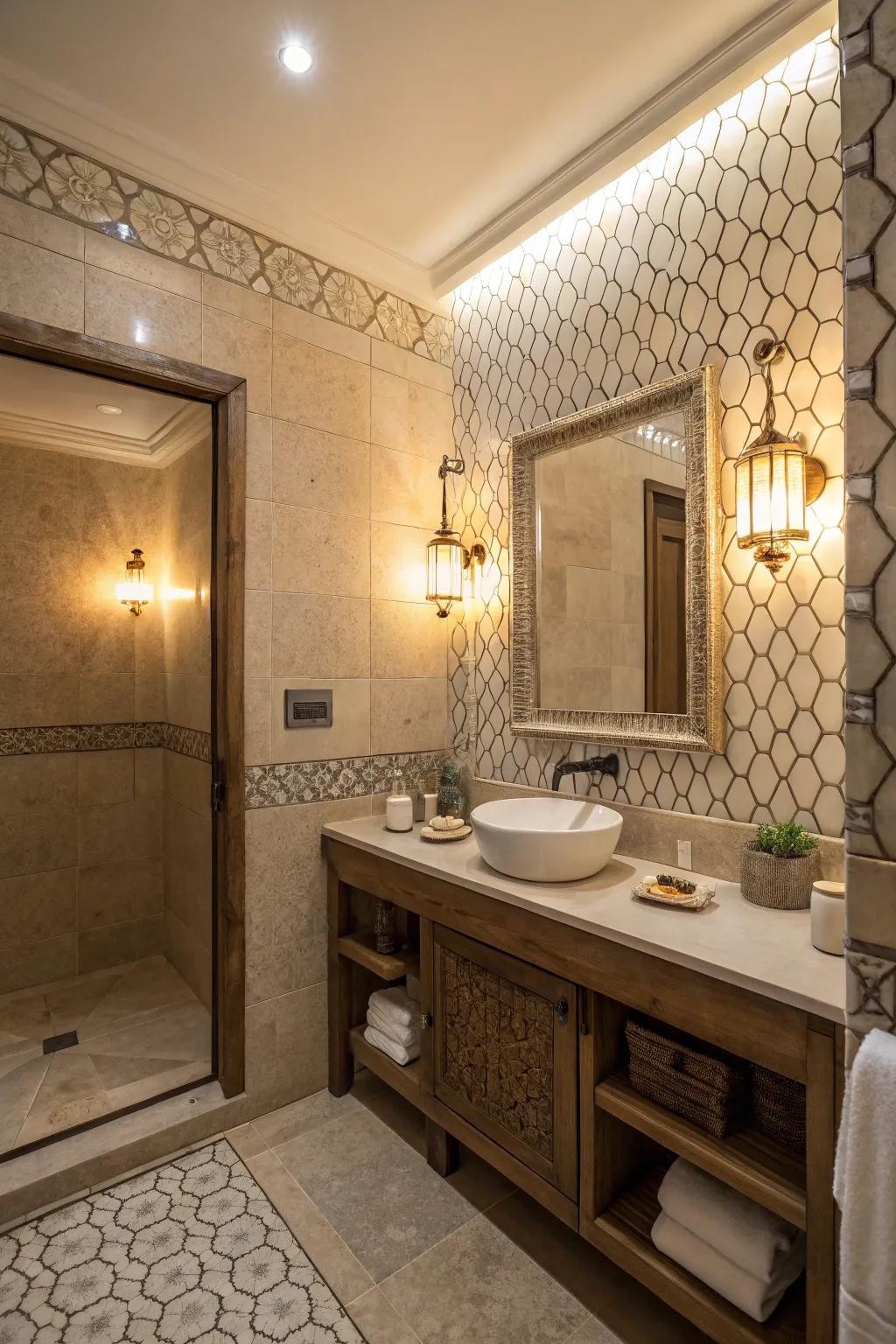 Tactile walls are conducive to appending dimension and captivation to your lavatory.