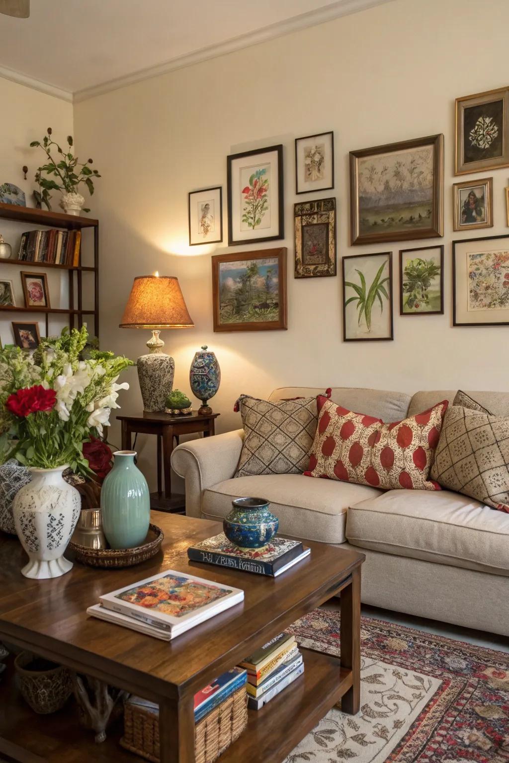 A personalized living room with curated art and decor.