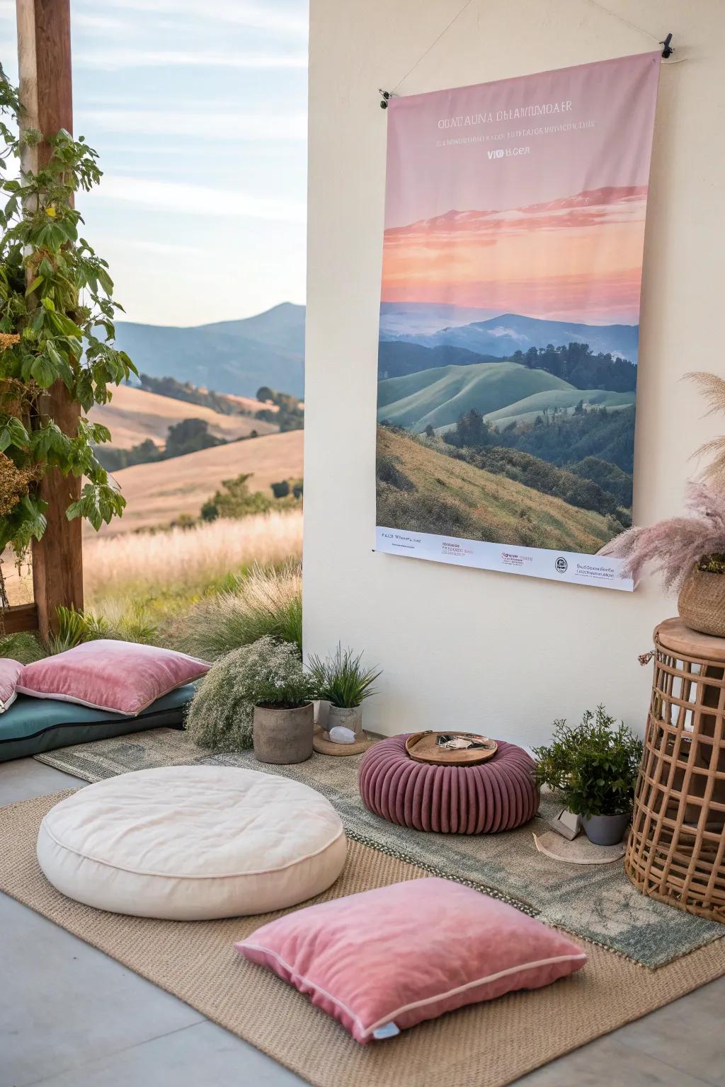 Prints themed around mindfulness create a peaceful setting.