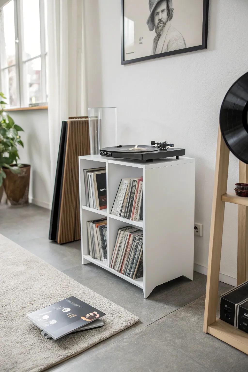 A vinyl record holder blending practicality and elegance.