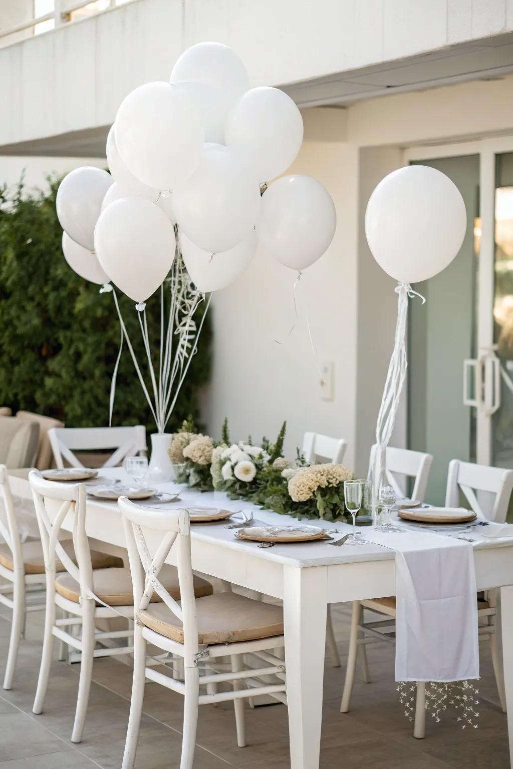 White air filled decorations contribute a whimsical appeal to the meal party vibe.