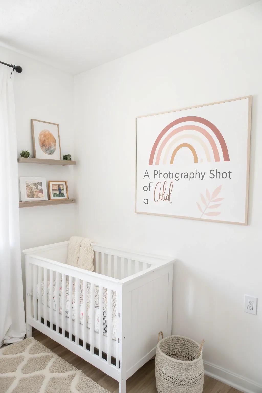 A white nursery is personalized using minimalist wall decorations.