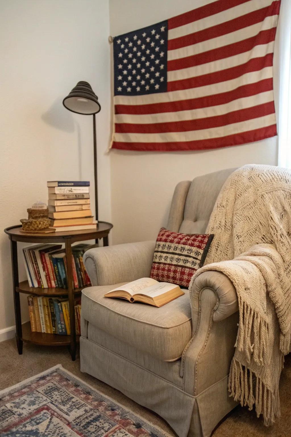 A snug perusing nook is rendered increasingly inviting through a flag accent.