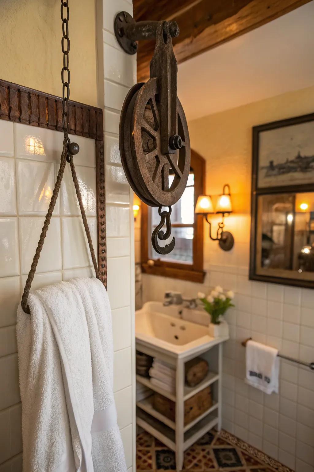 A vintage pulley offers a unique twist to bathroom storage.