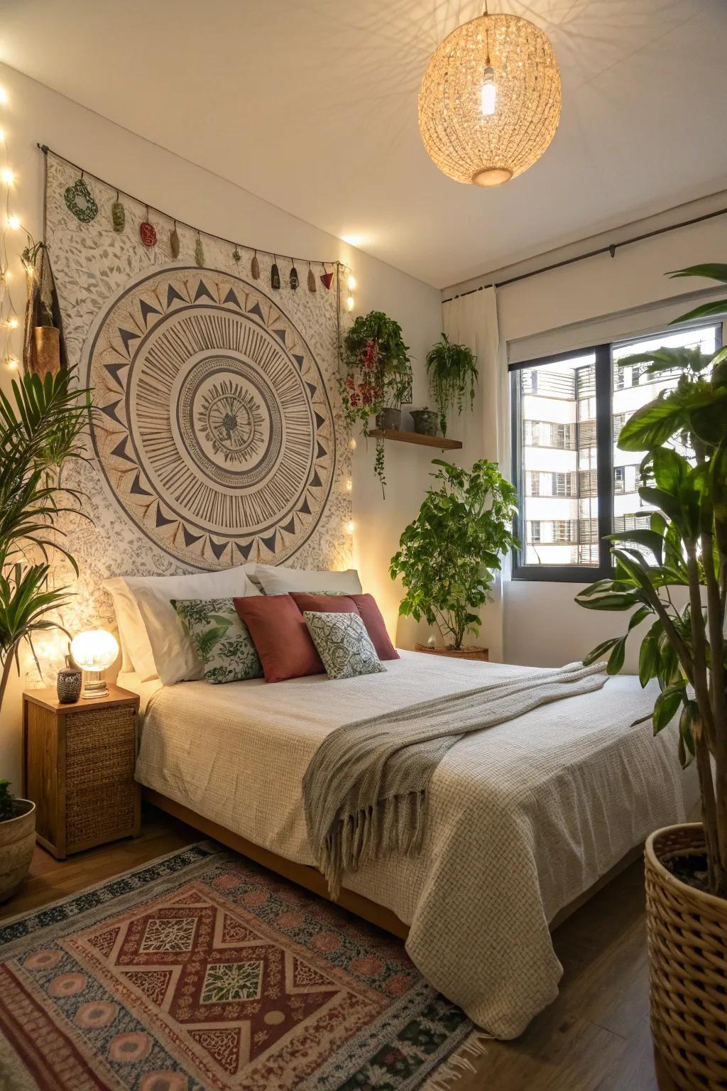 An apartment bedroom decorated with decorative wall art and lush indoor plants.