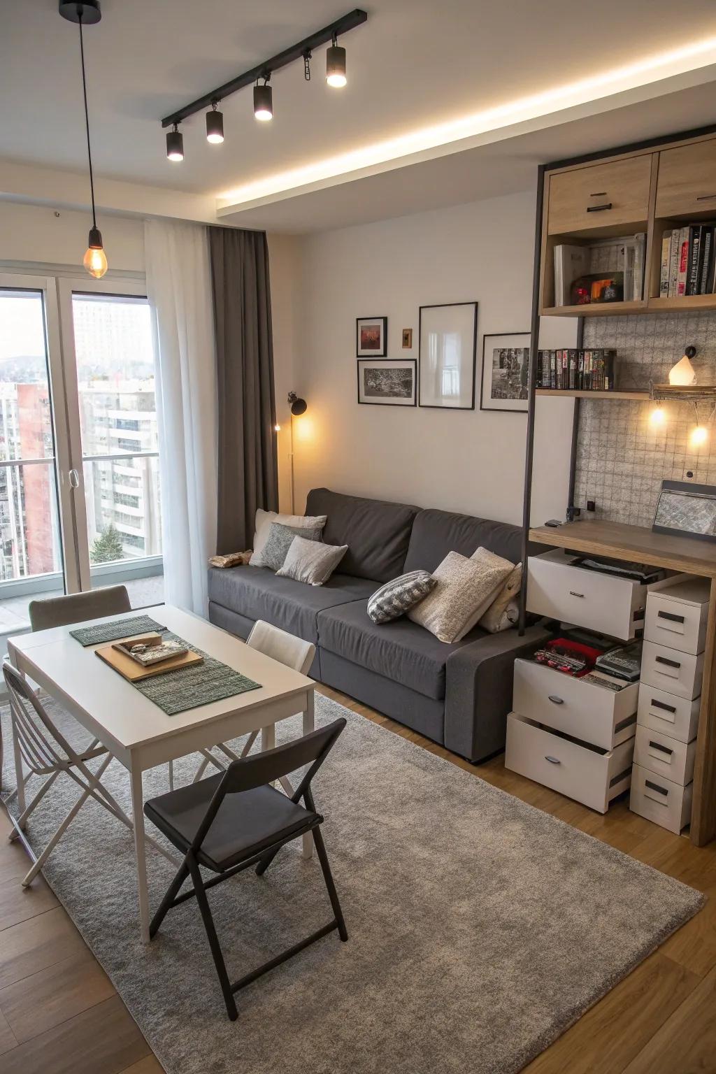 A compact living area makes clever use of space through multi-purpose furniture.