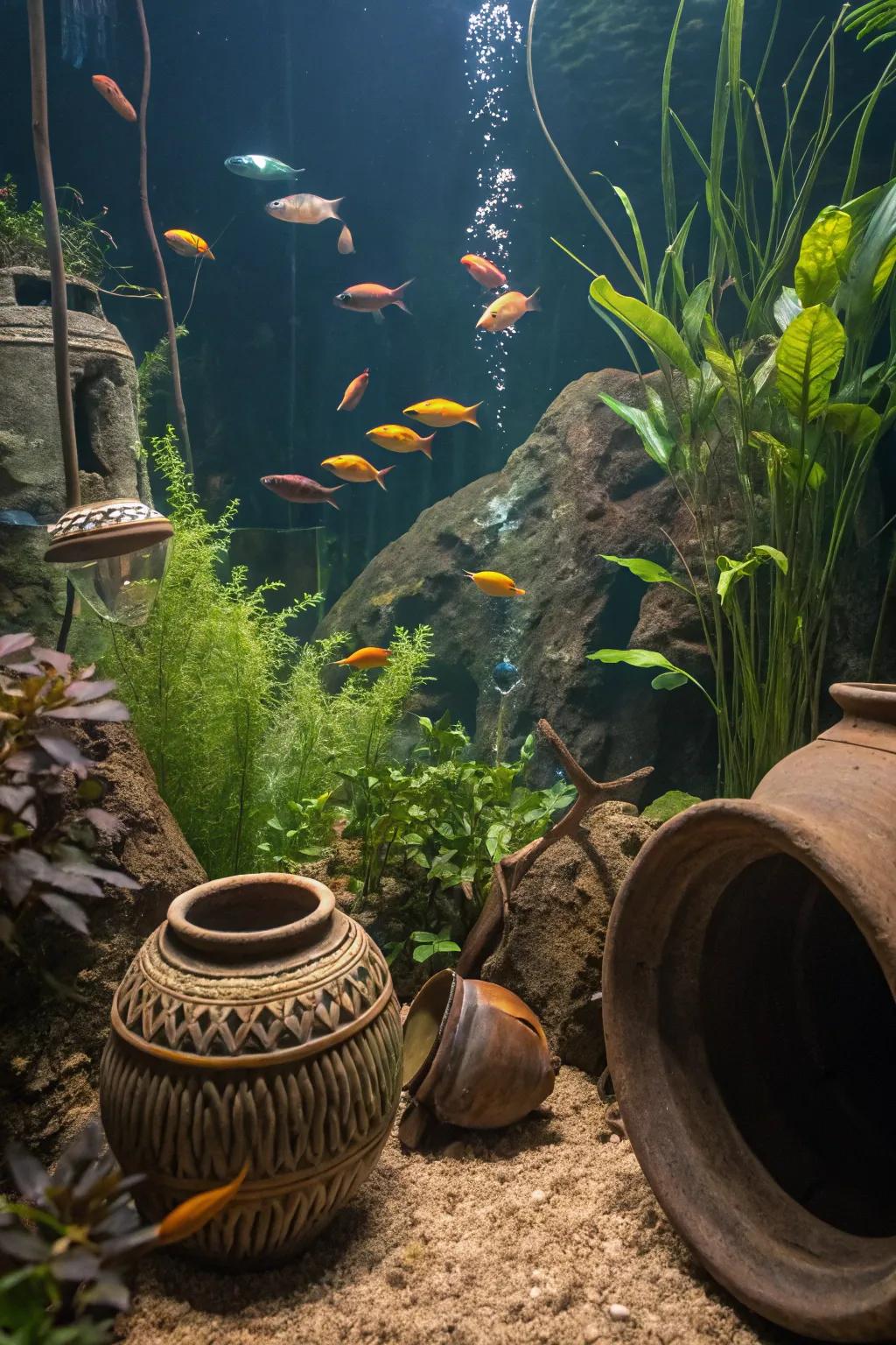 Clay artifacts inject texture and fascination into the aquarium.