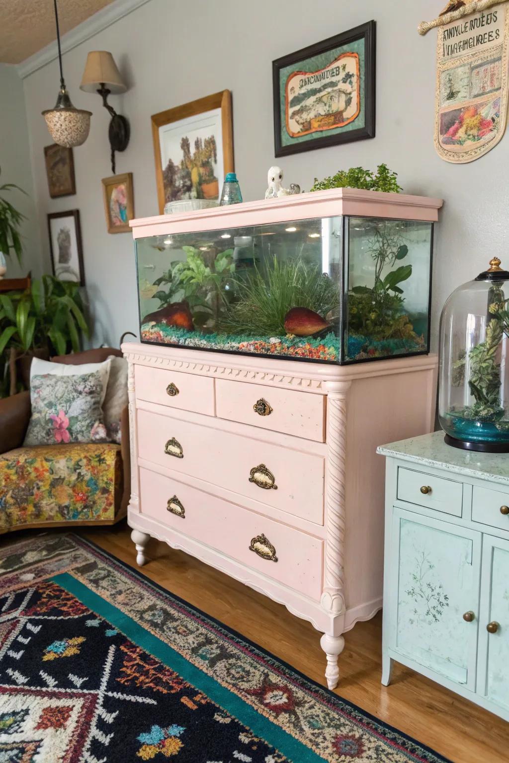 An antique dresser discovers renewed purpose as an aquarium structure.