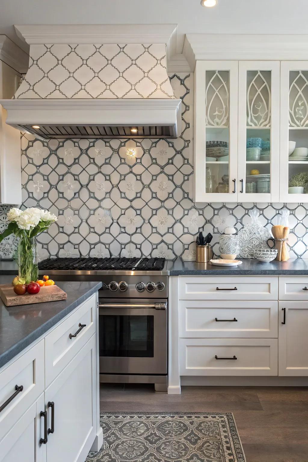 A modern kitchen is showcased with an arabesque tile backsplash and contrasting grout for added flair.