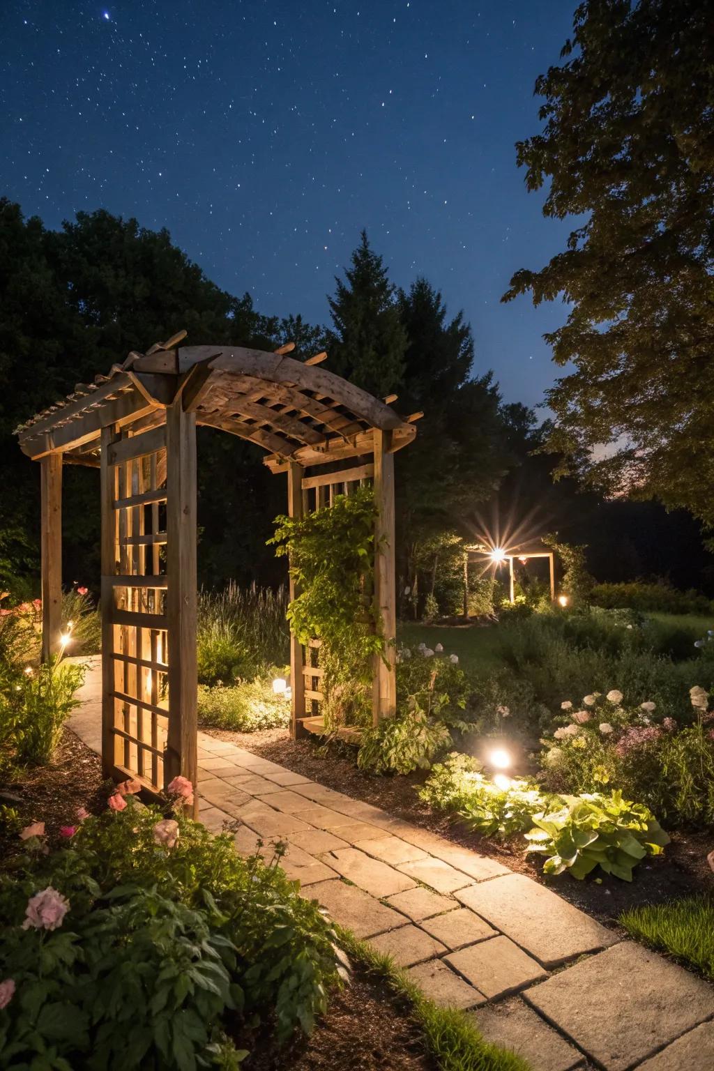An illuminated arbor making an enchanted nighttime garden feel.