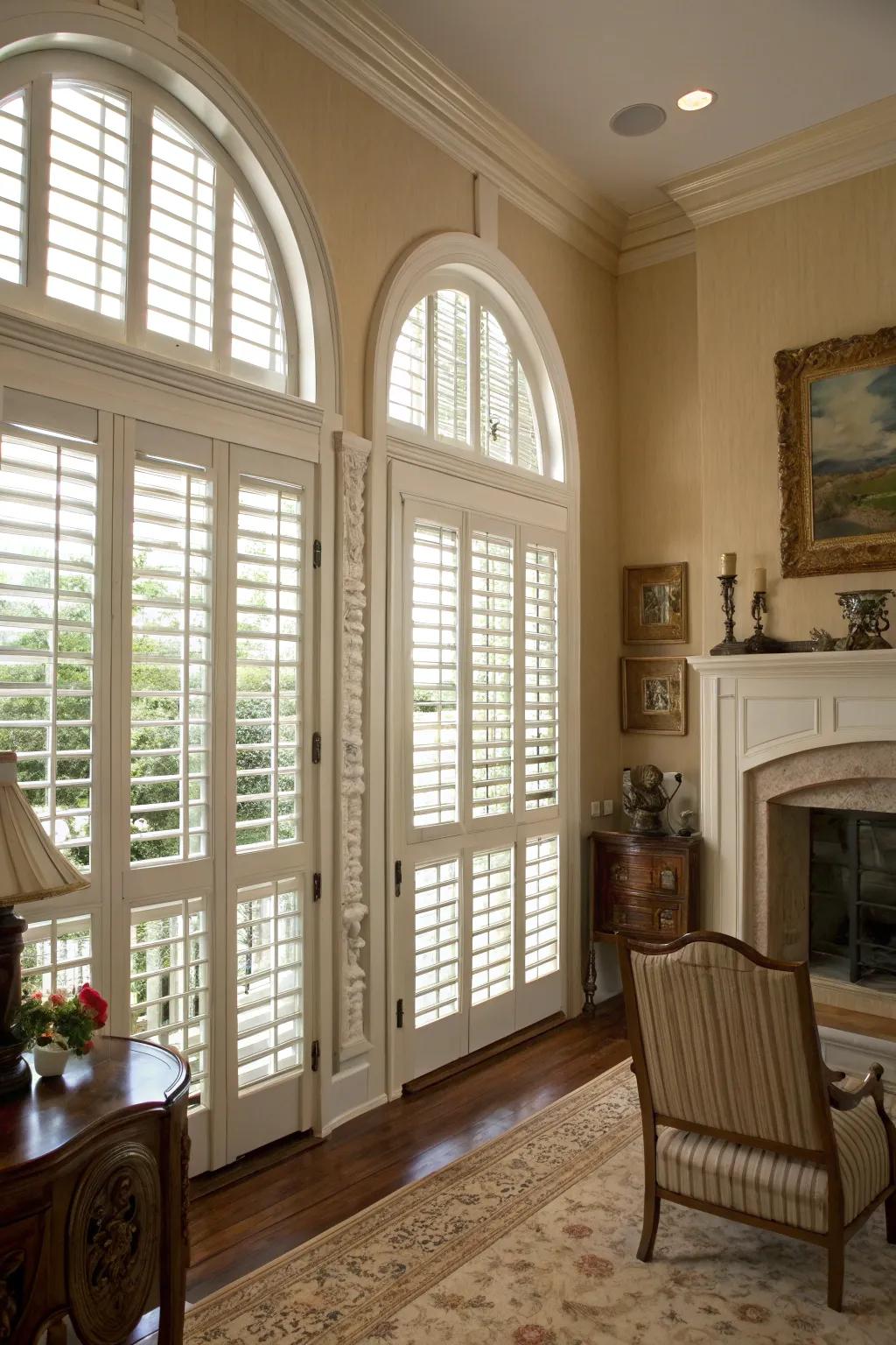 A traditional chamber showcasing domain awnings on arched windows.