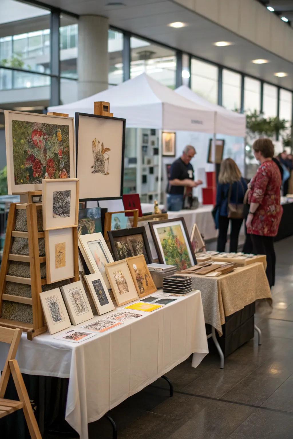 Platforms with stands contribute depth to the presentation, spotlighting smaller artworks effectively.