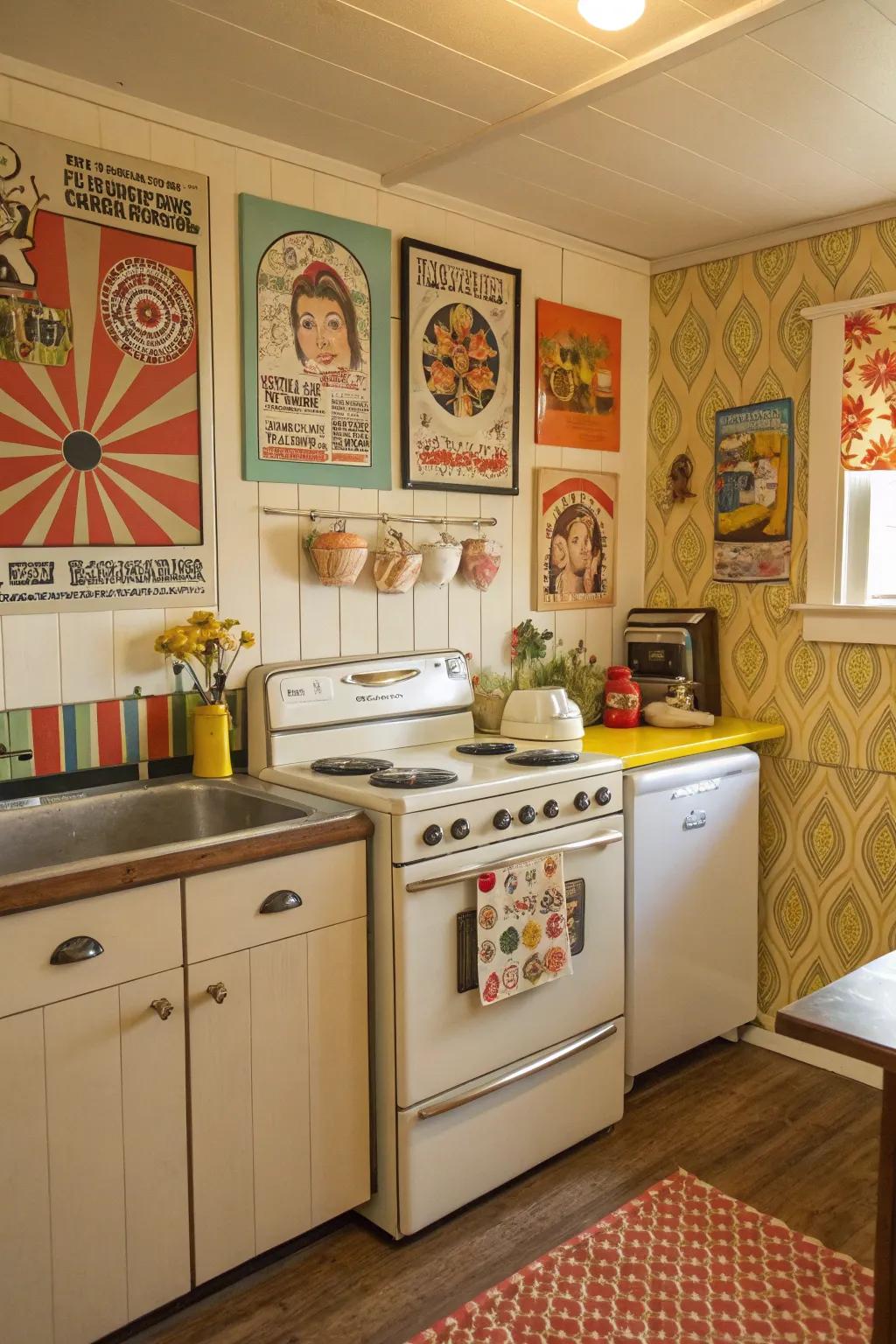 Past era posters craft a nostalgic mood in the culinary space.