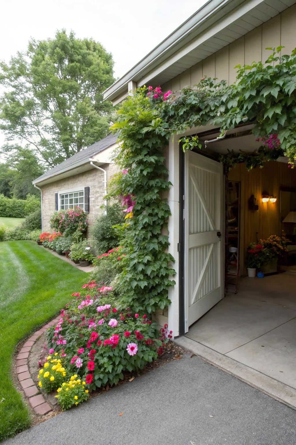 A garden-inspired entrance enhancing the allure and charm of the garage.
