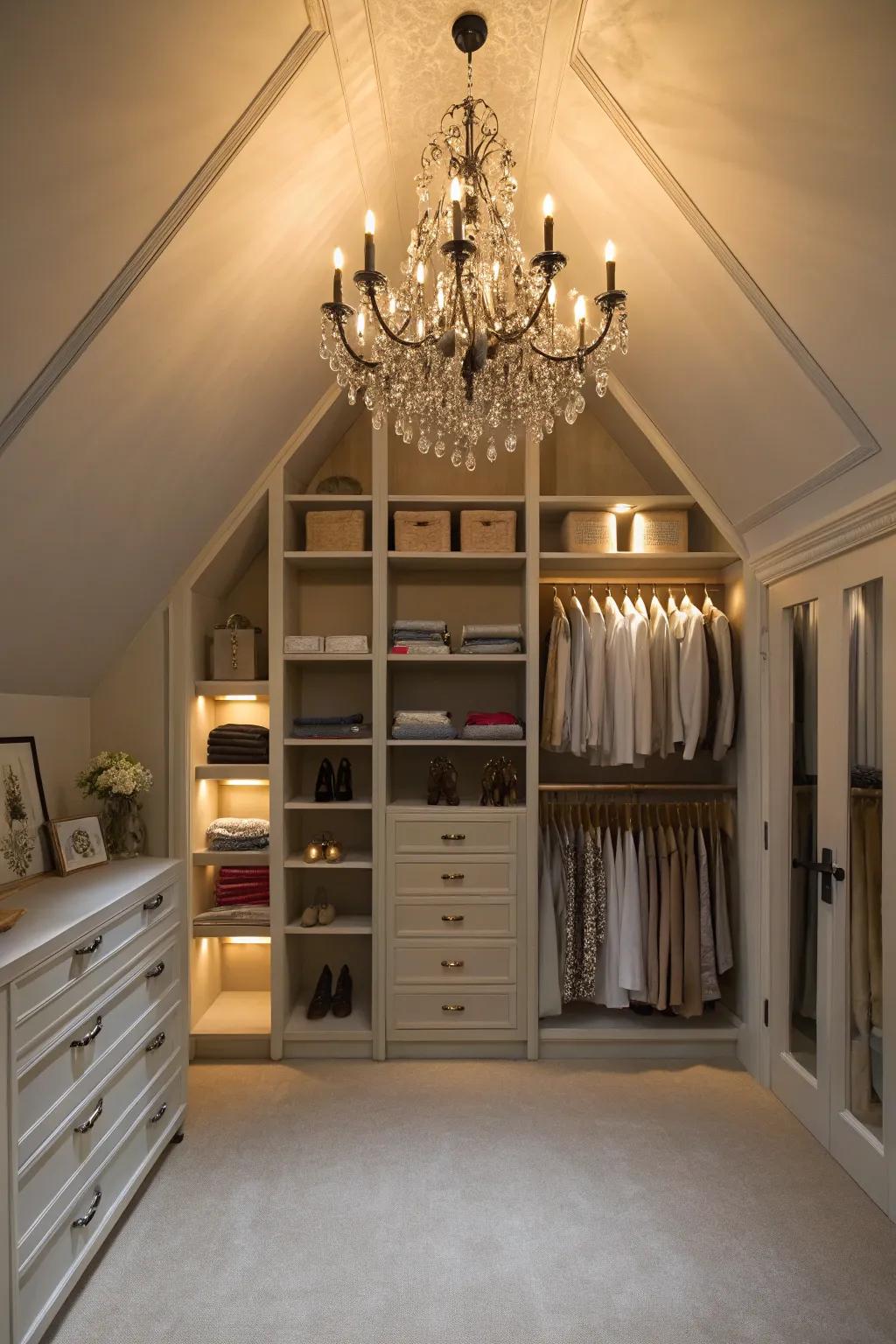 Elegant lighting adds elegance to your attic closet.