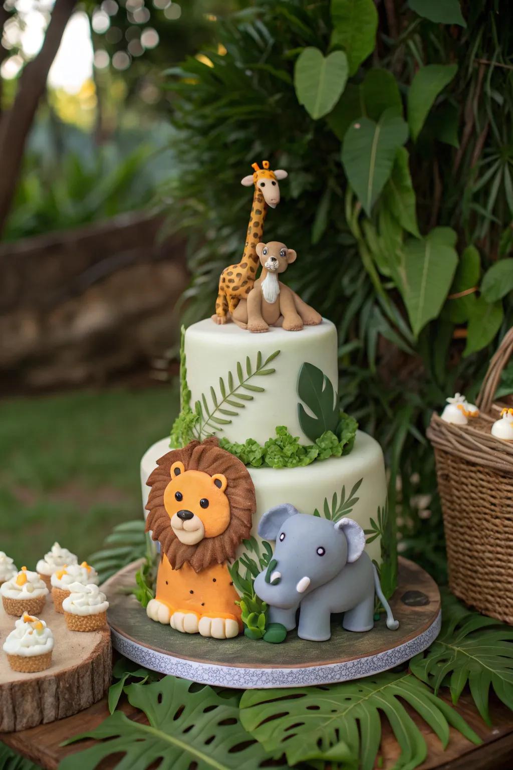 A safari-themed cake with fun animals for a baby boy shower.