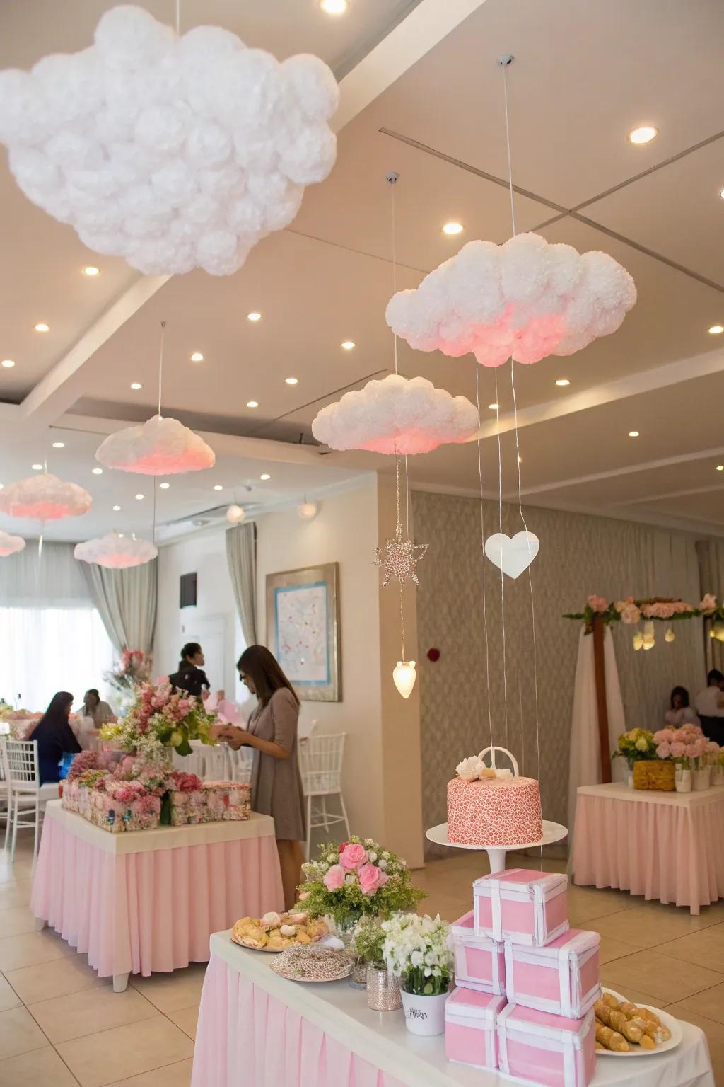 Fluffy nimbus adornments suspended from the ceiling fashion a dreamy atmosphere.