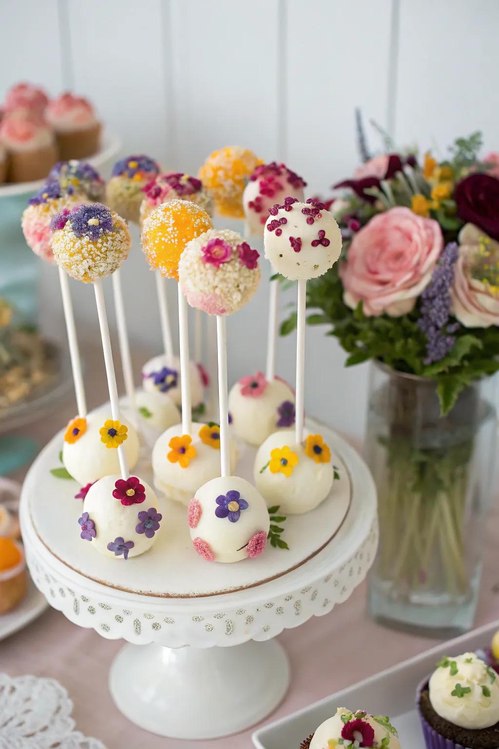 Botanical cake pops decorated with edible flowers.