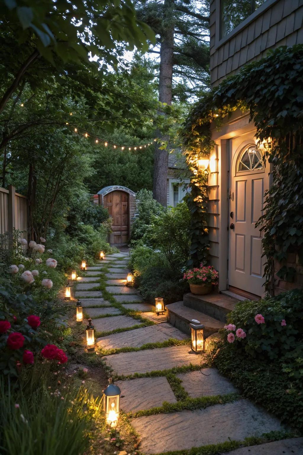 Walkway lights guide and beautify the way to the back door.