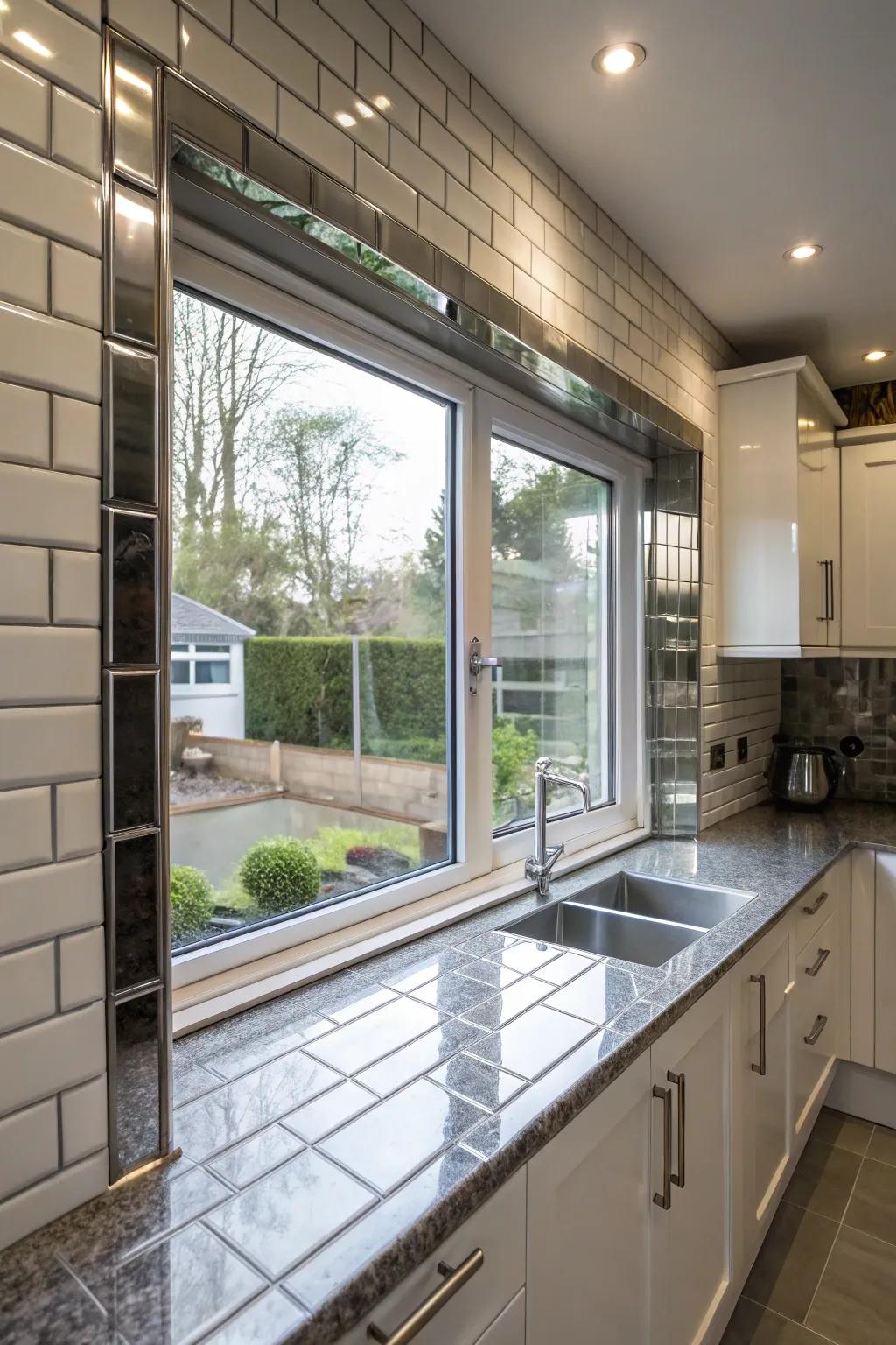 Steel panels framing a kitchen window for a modern aesthetic.