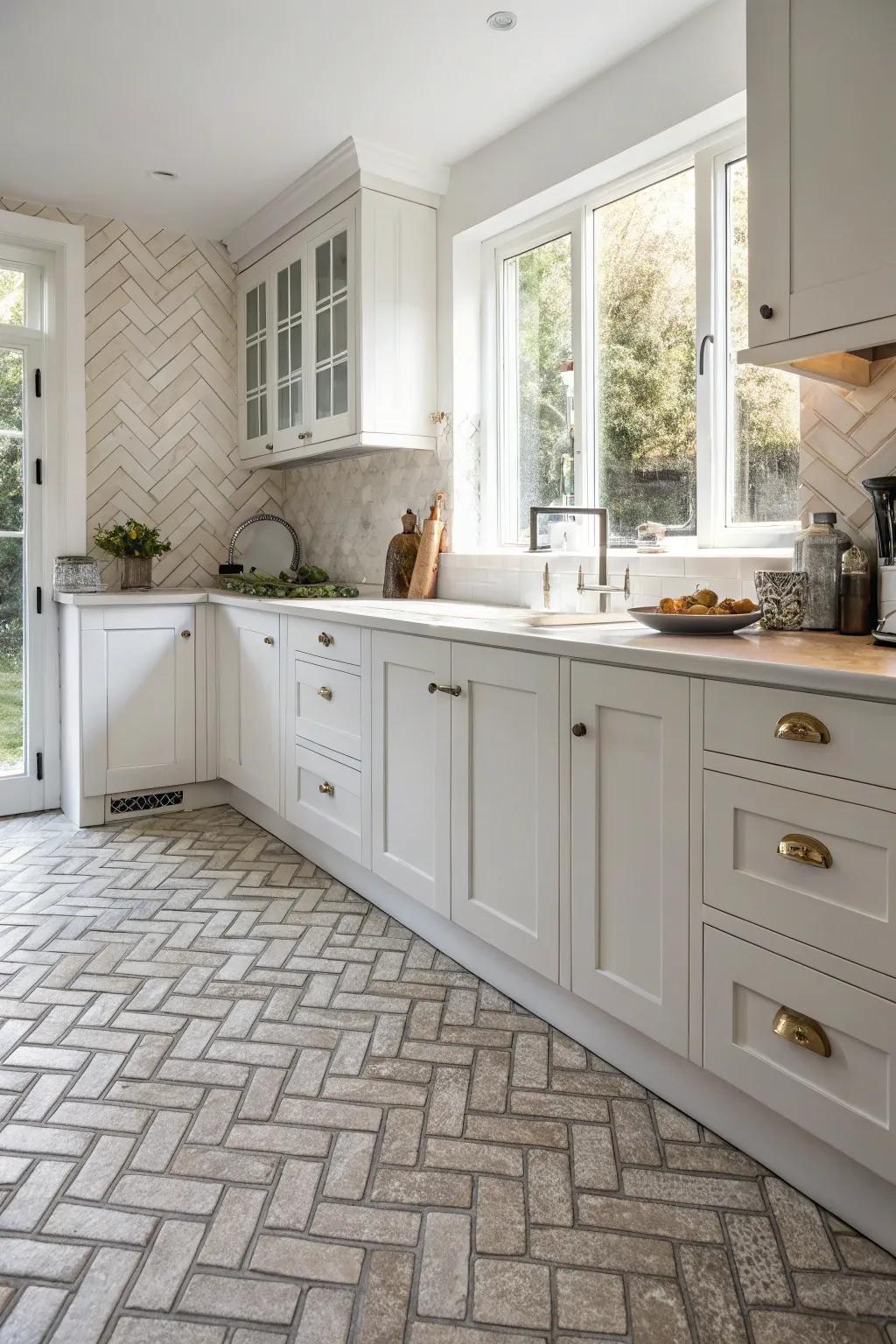 Angled patterns give an elegant flair to this white kitchen.