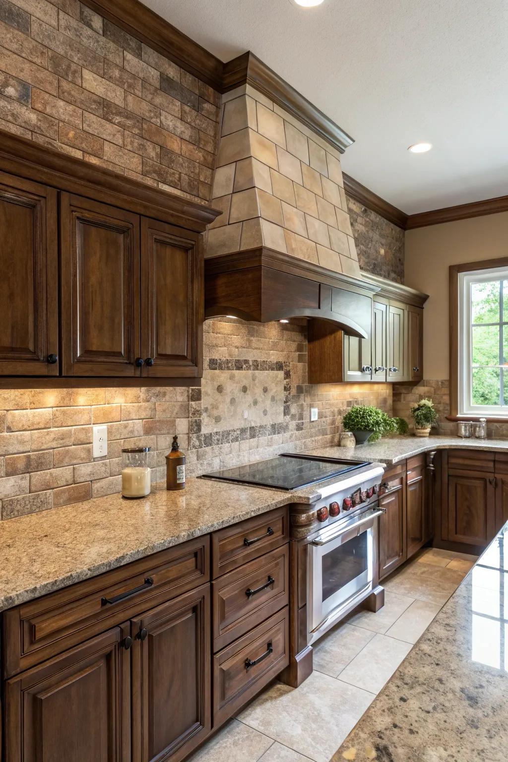 Rough hewn bricks offer a rustic complement to mystic earth stone.
