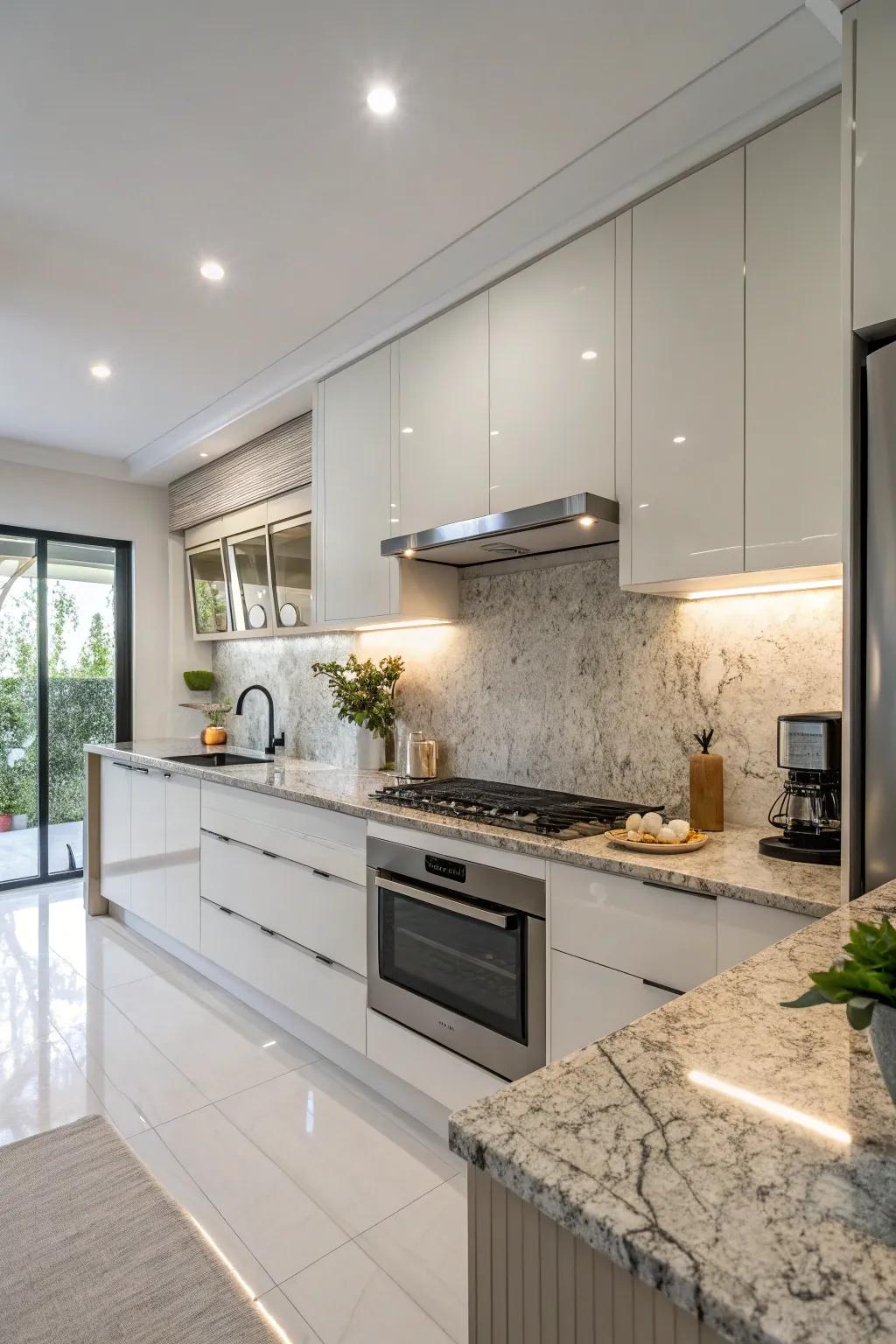 Stone worktops are enhanced by uncluttered lines and modern simplicity.