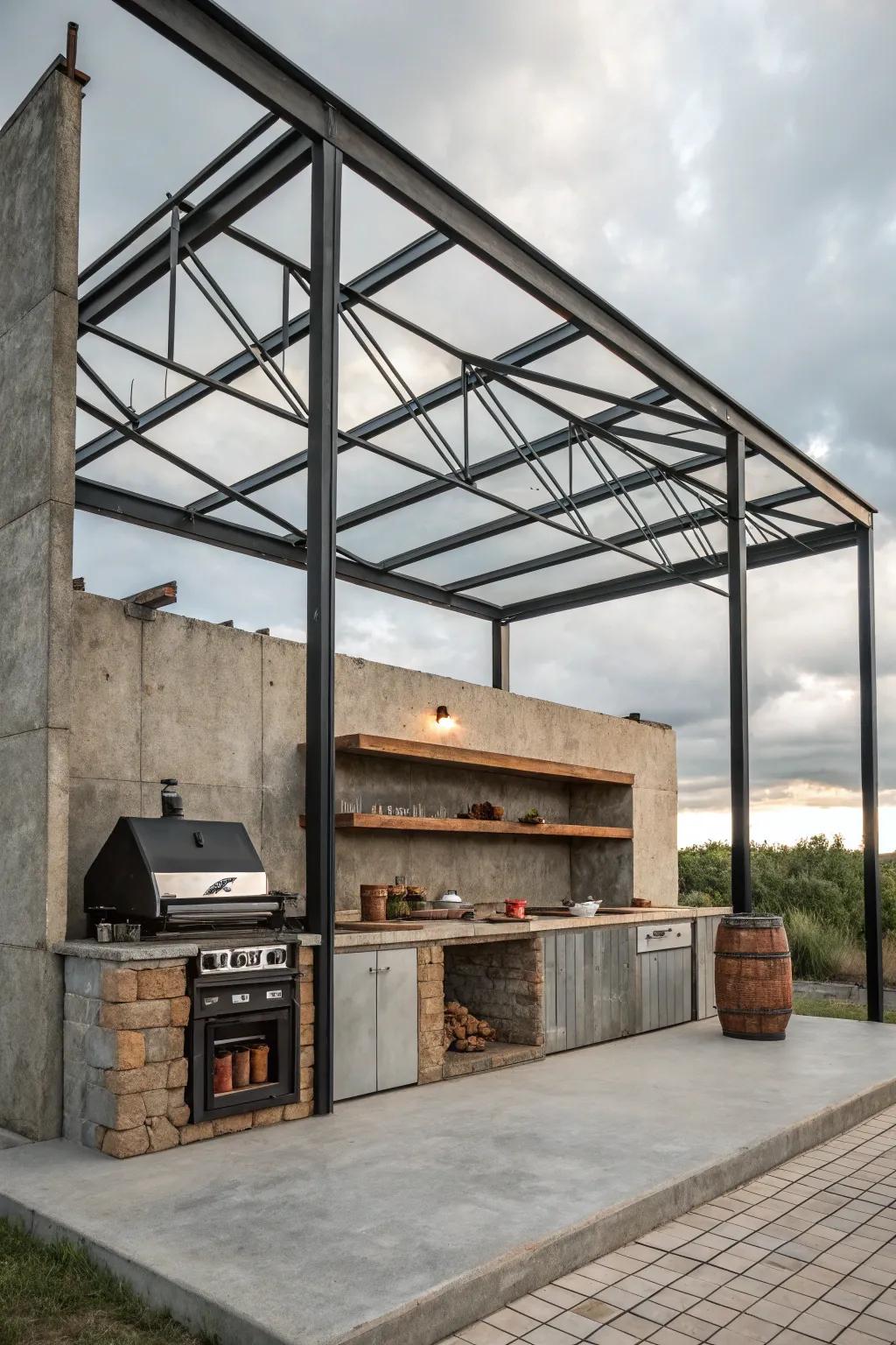 Metropolitan side with an industrial-style BBQ outbuilding.