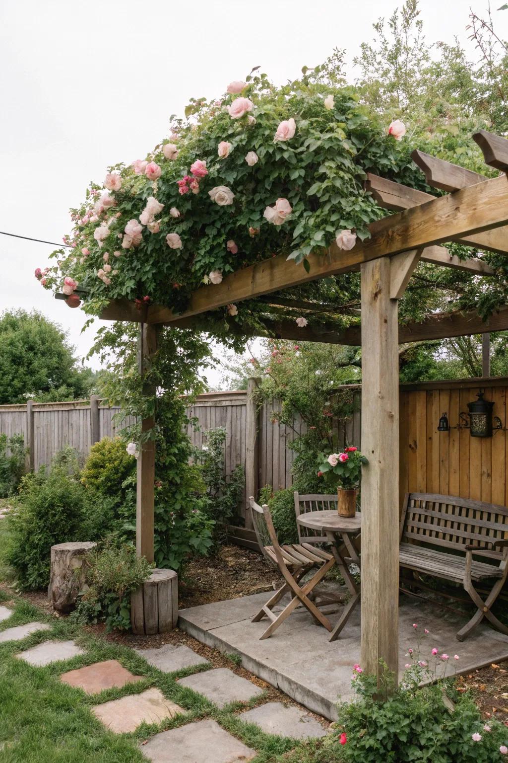 A pergola redefines a corner into a shaded oasis.