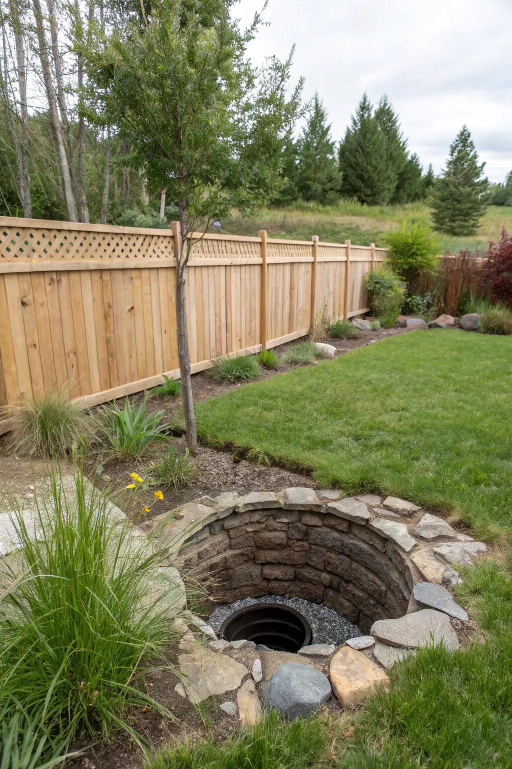 A discreet soakaway pit for handling water efficiently.